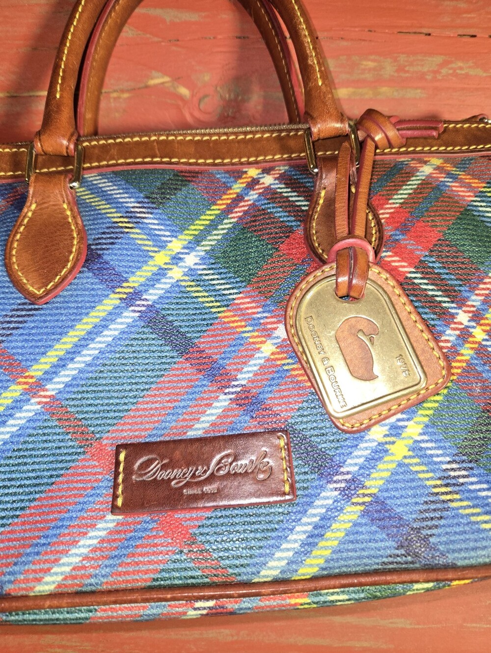 Dooney & Bourke Multicolor Plaid Duffel with Brown Leather Trim